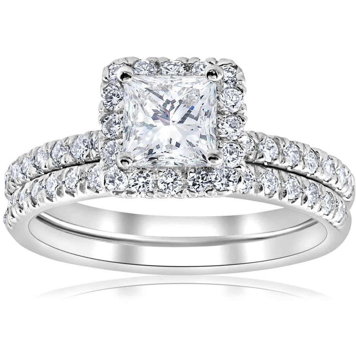 1 Carat Princess Cut Moissanite Wedding Set - Bridal Set - Milgrain Ring -  Vintage Ring - Halo Ring - 18K White Gold Over Silver 