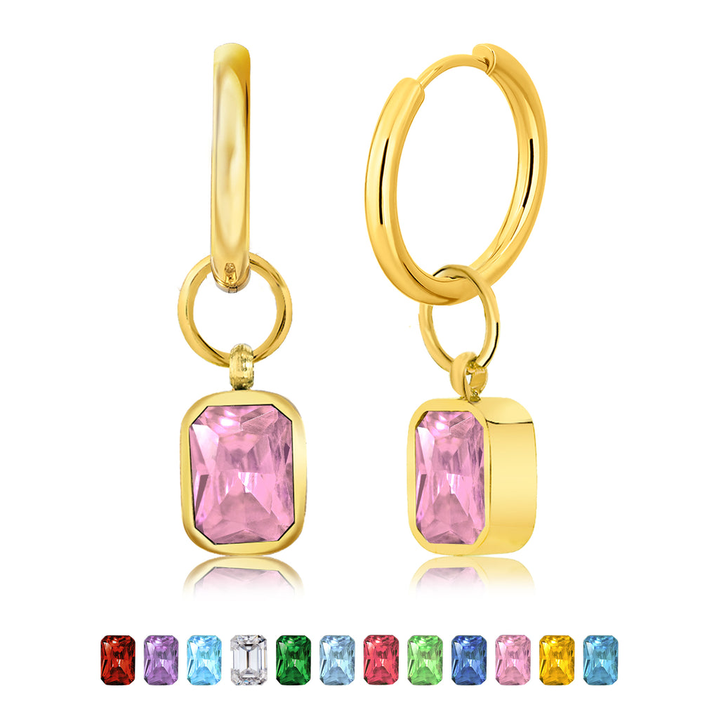 2 Carat Emerald Cut - Pink Tourmaline - October Birthstone Bezel Huggie Hoop Earrings - 18K Yellow Gold Plating