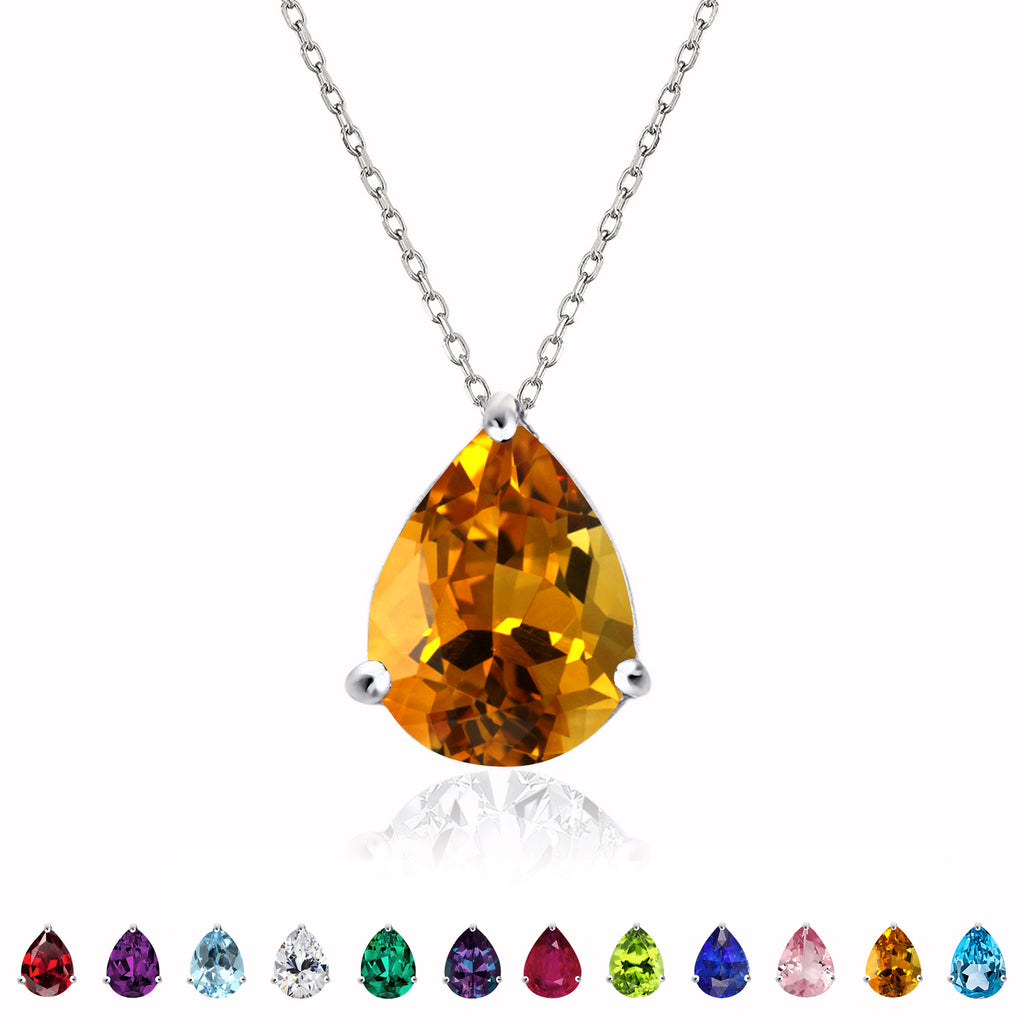 Elegant 1.5 TCW Pear Shaped - Citrine - November Birthstone Prongs Solitaire Slider Pendant Necklace in 18K White Gold over Brass