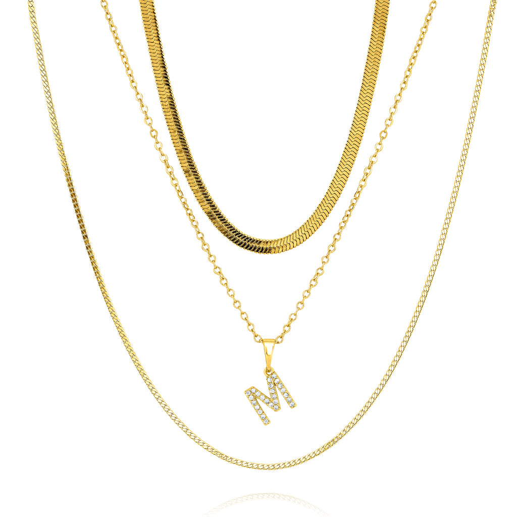 Multiple 3 pcs 'M' Initial Charm Necklace Set in Yellow Gold Plated