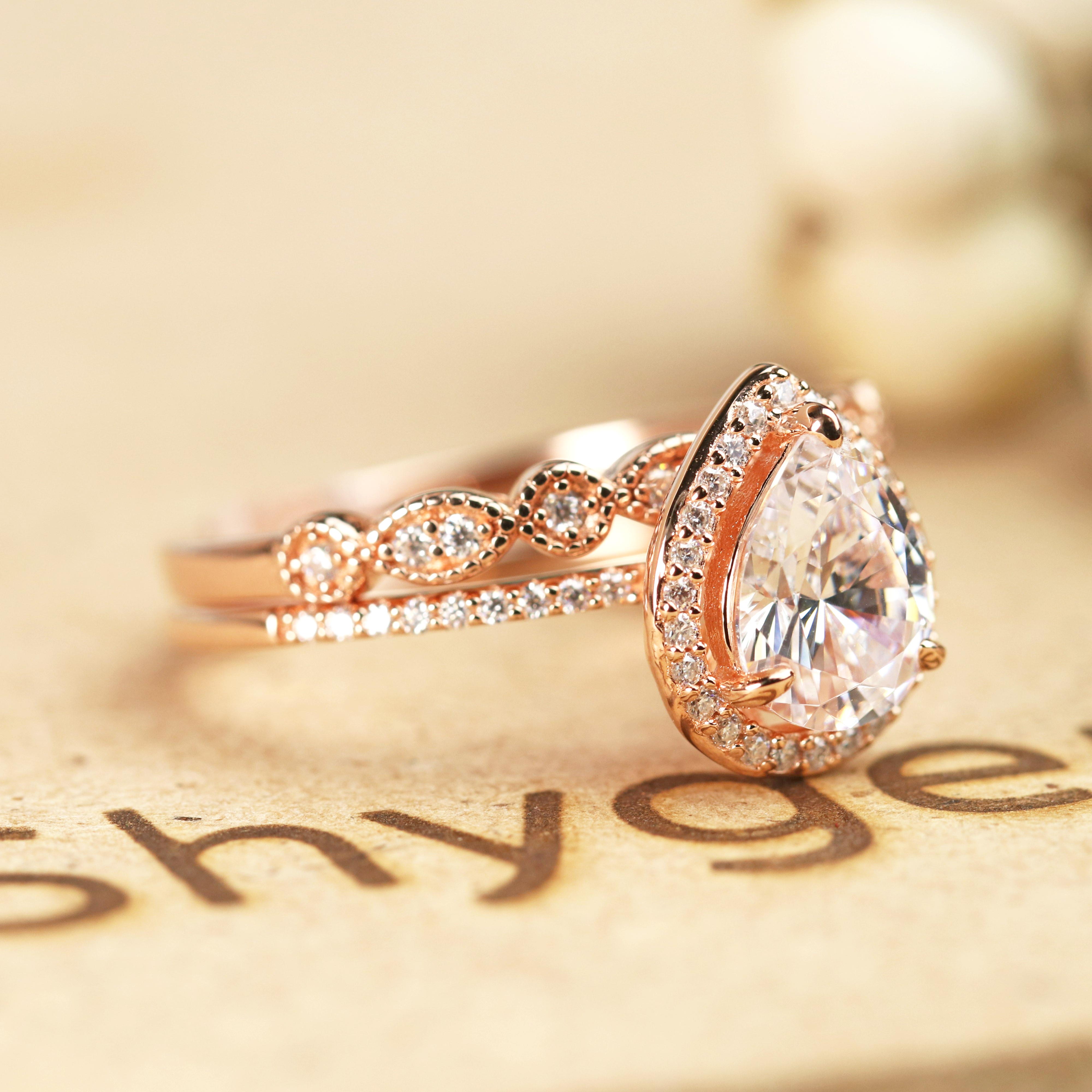 Pear Moissanite Cathedral Pear Shaped Engagement Ring In 14K Rose Gold