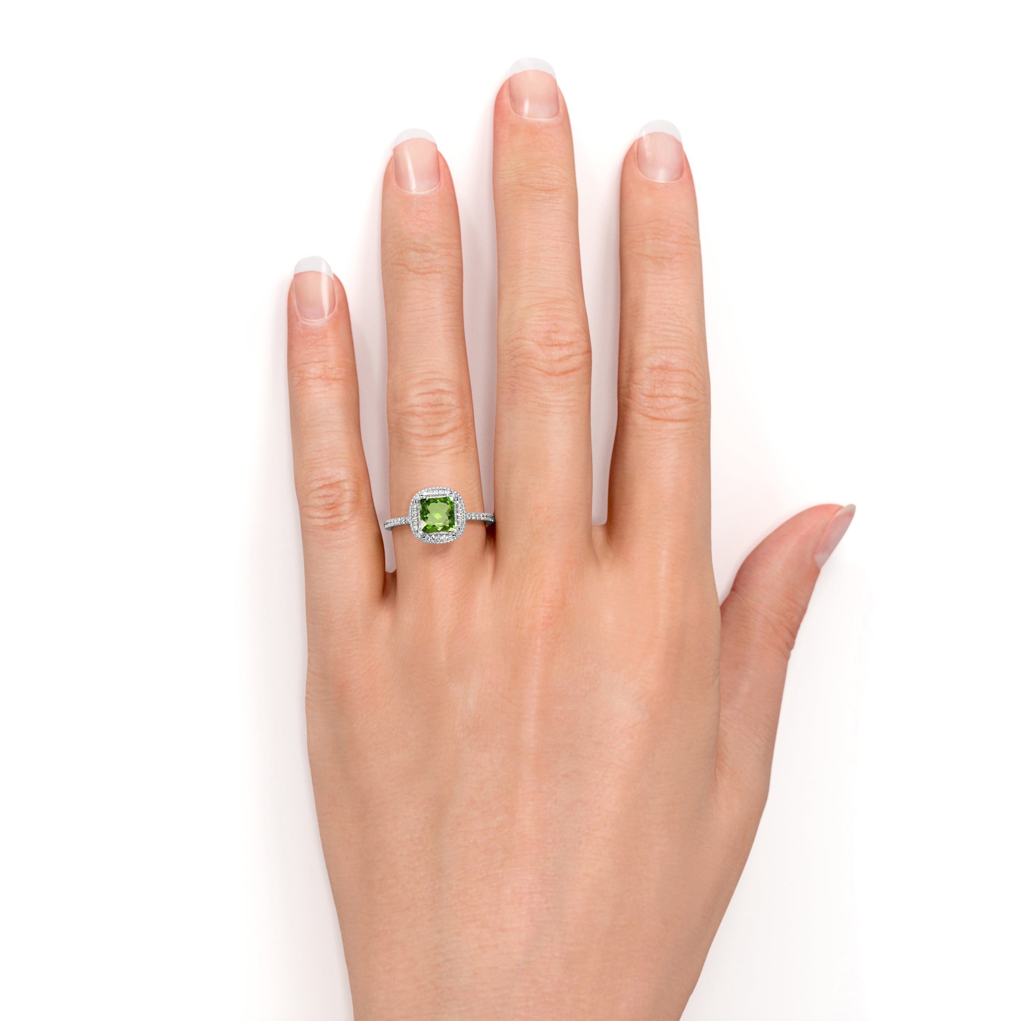 Large 3 Carat Princess Cut Extraterrestrial Peridot and Diamond Halo U shygems