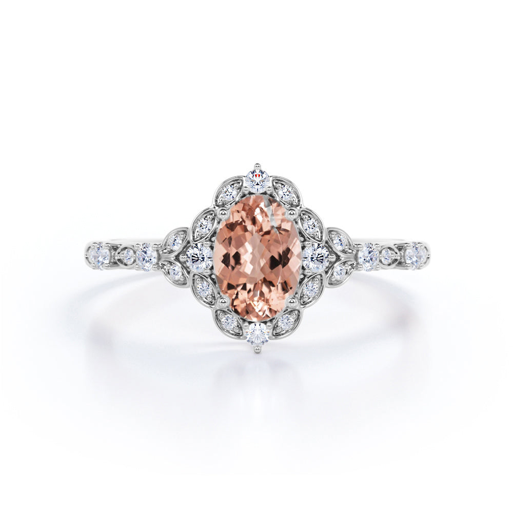 Antique 1.50 Carat oval cut Morganite and Diamond Engagement Ring in R ...