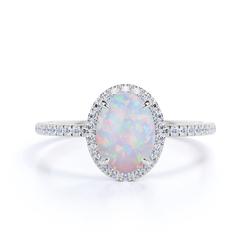 Pave 1.50 Carat Oval Cut Fire Opal and Diamond Halo Engagement Ring in ...