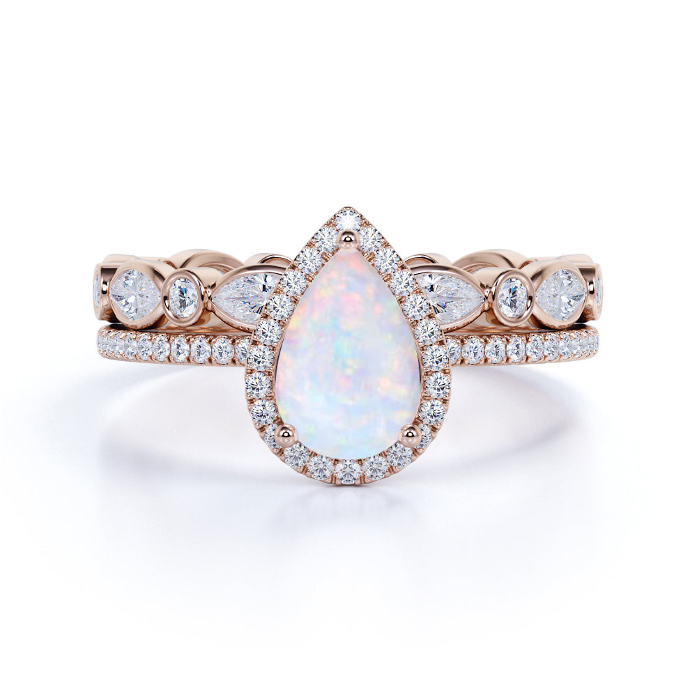 1.75 ct Halo Pear Shaped Fire Opal and Moissanite Engagement Ring Set ...