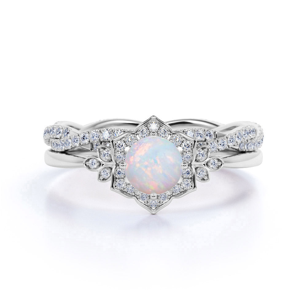 1.75 ct Genuine Round Blue Fire Opal and Moissanite Bridal Ring Set in ...