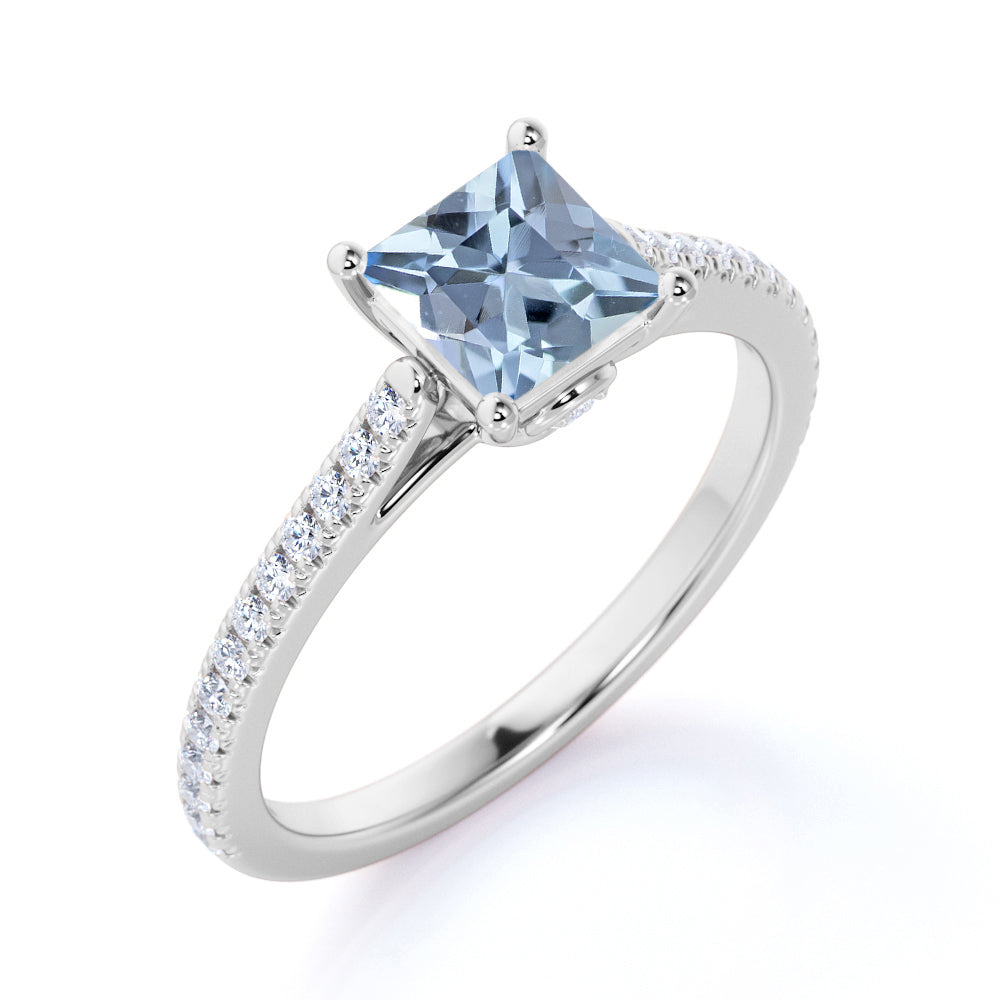 Perfect 1.50 Carat princess cut Aquamarine and Diamond Engagement Ring ...